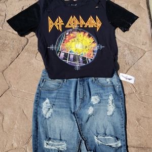 Def Leppard shirt with jean skirt